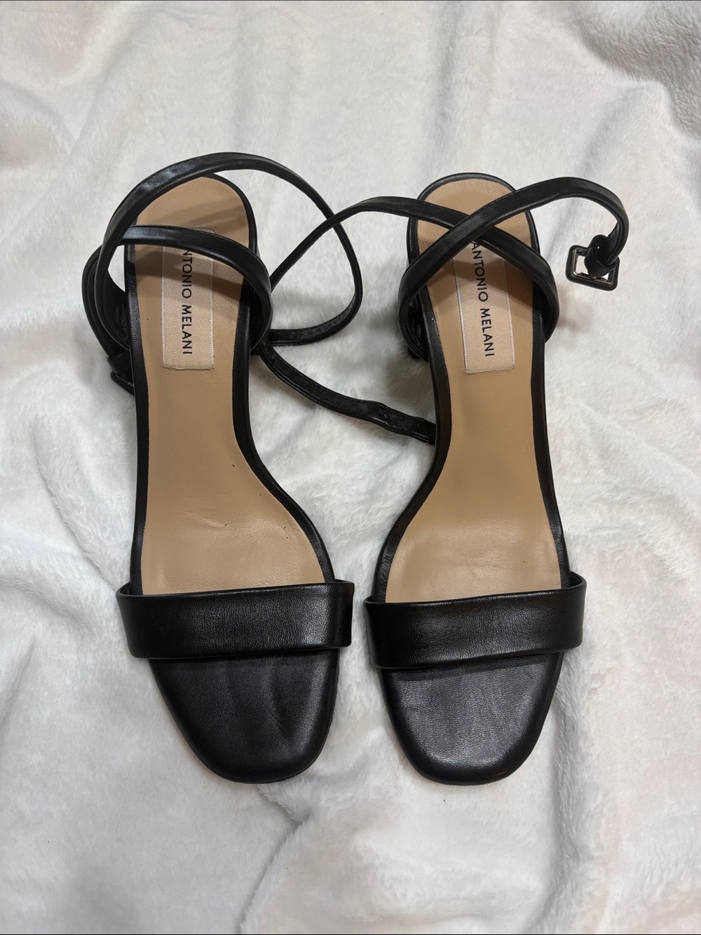 ANTONIO MELANI Black Strappy Leather Heeled Sandals